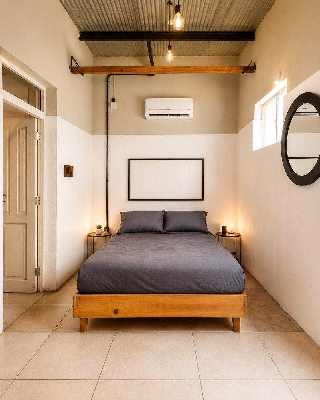 Recámara acogedora con cama de madera e iluminación cálida